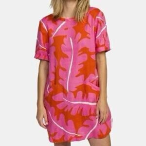 Trovata Birds of Paradis Raffi Pink Palm Linen Pullover Short Sleeved Dress S